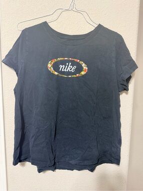 Nike Black Short-Sleeve Logo Tee with Floral Oval